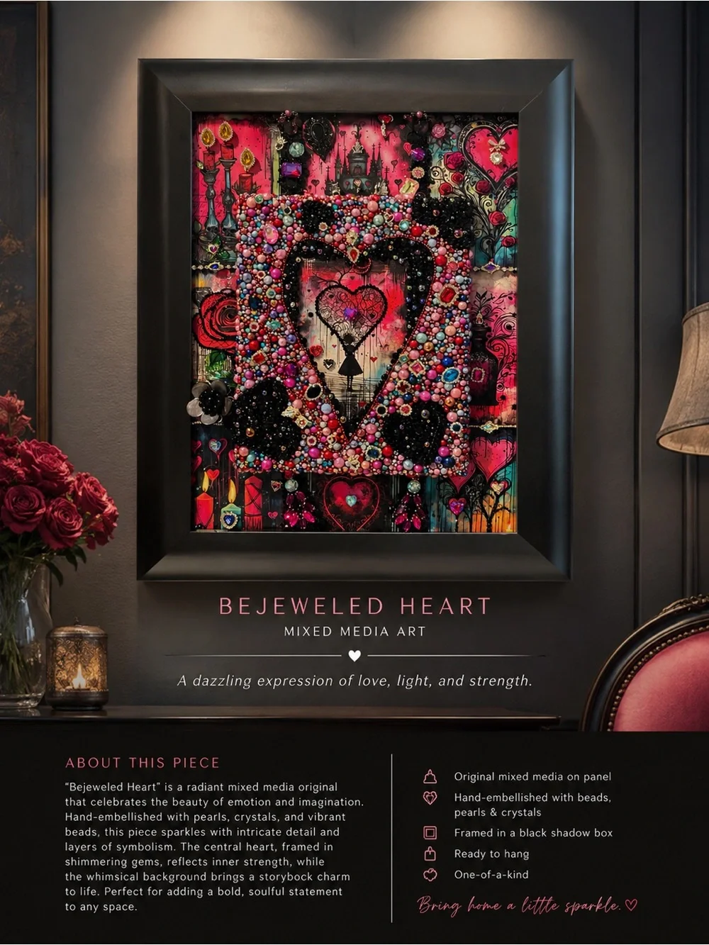 Bejeweled Heart Mixed Media Wall Art - Pink
